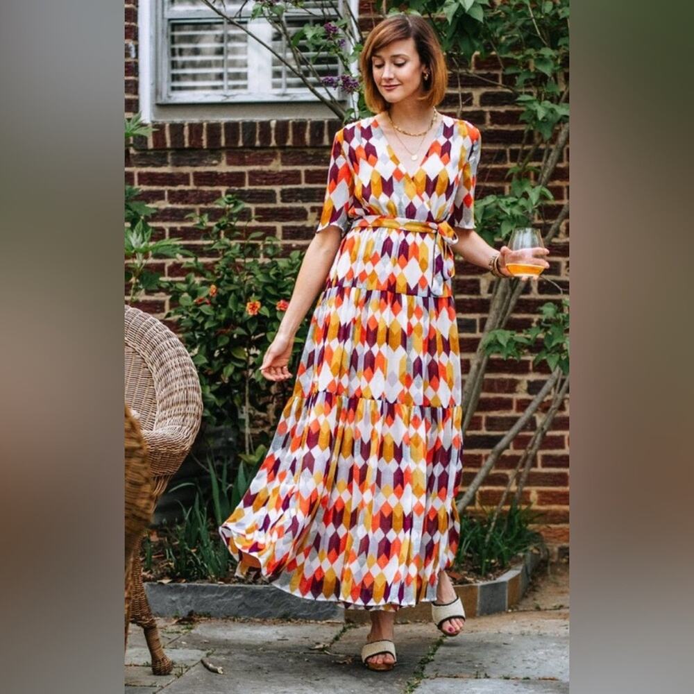Roller Rabbit Noma Gertrud Wrap Dress Women Size‎ M Orange Satin Maxi Excellent